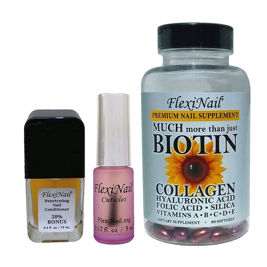 The FlexiNail Essentials Package  (makes a GREAT STARTER PACKAGE) - FlexiNail Fingernail Conditioner – Nail Conditioning Treatment for Peeling, Weak, Brittle & Splitting Nails | Natural Nail Repair & Growth
